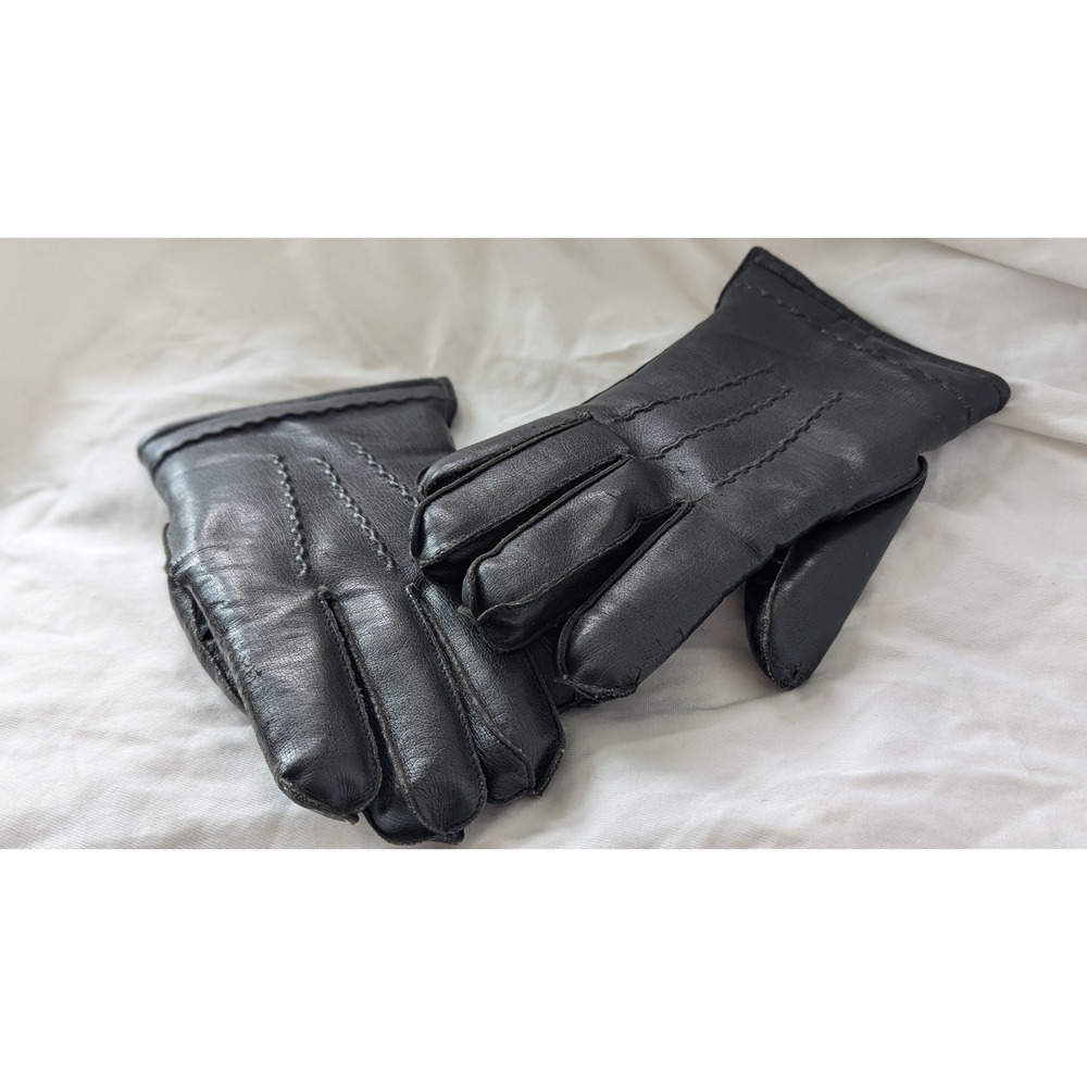 Vintage Mens Black Vinyl‎ Fleece Lined Winter Gloves Size M  Classic Stitch